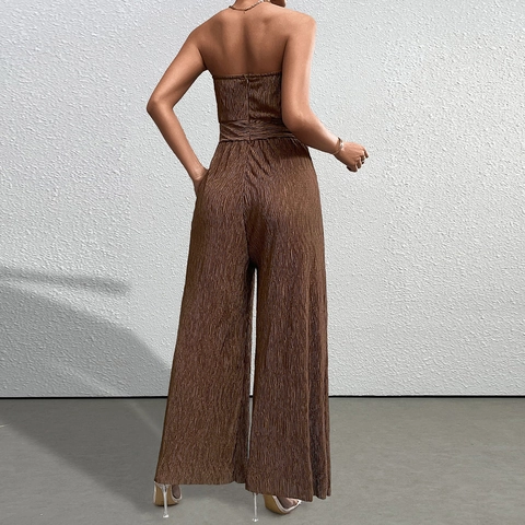 Damen Sexy Trägerloser Plissierter Jumpsuit Braun Slim Fit Hohe Taille Weites Bein Hose Sommer Mode Rückenfrei Einteiler