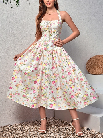 Women Halter Neck Floral Print Midi Dress Backless Tie-Up A-Line Summer Vacation Dress High Waist Smocked Back Dress