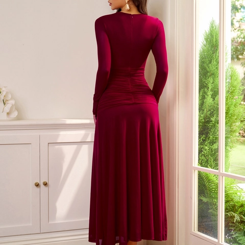 Elegantes Weinrot Mesh Langarm Maxi Kleid Gerafft Bodycon Hoher Schlitz Abendparty Schlanke Passform Rundhals Damen Langes Kleid