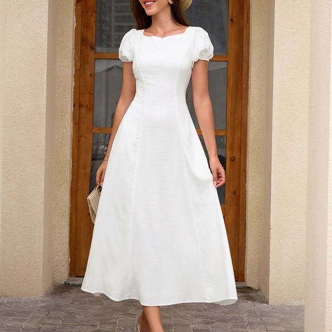 Women Summer Square Neck Puff Sleeve Backless Maxi Dress Elegant White A-Line Long Dress With Pockets Sexy Tie Back Holiday