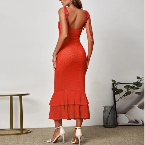 Damen Sexy Rückenfreies Häkel-Maxikleid Bindebänder Volant Meerjungfrau-Saum Orangerot Urlaub Strand Schlankes Trägerkleid