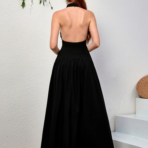 Women Sexy Halter Neck Backless Smocked Maxi Dress Elegant Solid Black Sleeveless High Waist A-Line Long Vacation Sundress