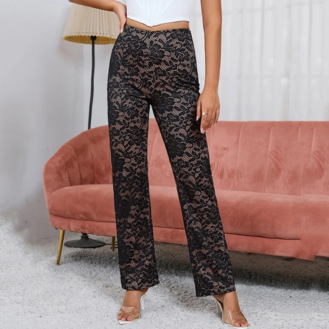 Pantaloni de Mujer Sexy de Talle Alto con Encaje Floral Elegantes de Pierna Recta con Forro Nude para Fiesta Discoteca Moda Negro