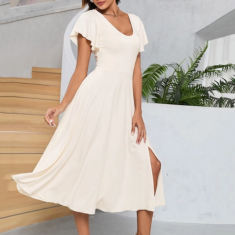 Vestido Maxi Elegante con Cuello en V y Manga con Volantes para Mujer Color Sólido Abertura Lateral Espalda Descubierta Largo