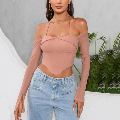 Women Sexy Halter Corset Top Mesh Long Sleeve Off Shoulder Fishbone V Hem Dusty Pink Streetwear Slim Fit Party Clubwear Top