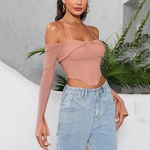 Women Sexy Halter Corset Top Mesh Long Sleeve Off Shoulder Fishbone V Hem Dusty Pink Streetwear Slim Fit Party Clubwear Top