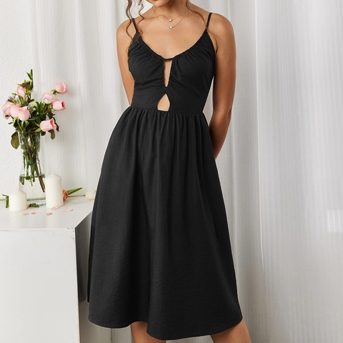 Women's Sexy Hollow Out Backless Cami Dress Ruched A-Line Midi Dress Solid Black Spaghetti Strap Party Dress