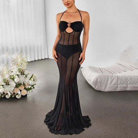 Donna Sexy Intaglio Scollatura Americana Rete Trasparente Maxi Vestito Nero Aderente Schiena Scoperta Sirena Festa Abito Sera