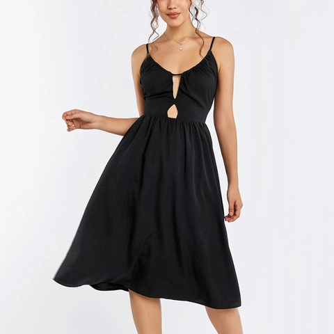 Women's Sexy Hollow Out Backless Cami Dress Ruched A-Line Midi Dress Solid Black Spaghetti Strap Party Dress