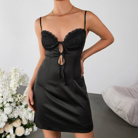 Vestido Mini de Satén Sexy para Mujer con Patchwork de Encaje Recorte con Cordones Tirantes Finos Espalda Descubierta Fiesta