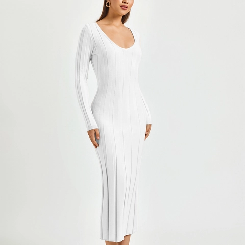 Women's Ribbed Knit Long Sleeve Slim Fit Maxi Dress Sexy V-Neck Solid White Elegant Party Bodycon Fall Winter Dress