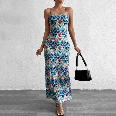 Women Sexy Backless Bandage Bodycon Maxi Dress Sling Cowl Neck Abstract Print Long Sleeveless Polyester Dress For Party Night