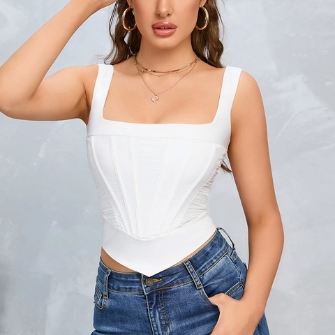 Γυναικείο Sexy Λευκό Κορσέ Top Τετράγωνη Λαιμόκοψη Αμάνικο Εξώπλατο Mesh Patchwork Slim Fit Γιλέκο με Φερμουάρ στην Πλάτη
