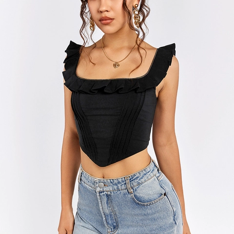 Top Corto de Corsé con Volantes Sexy para Mujer Cuello Cuadrado Vintage Sin Mangas Plisado Ajustado Cremallera Trasera Camiseta sin Mangas Chaleco de Moda