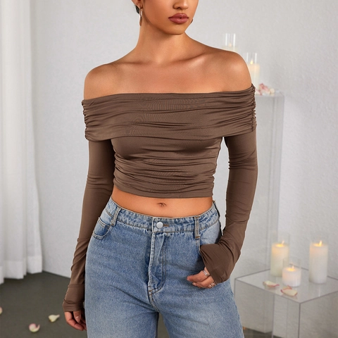 Women Sexy Off-the-shoulder Long Sleeve Ruched Crop Top Slim Fit Polyester Solid Color Streetwear Fall Fashion Top