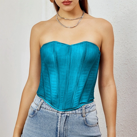 Damen Sexy Satin Fischgräten Korsett Top Rückenfrei Schnürung Crop Tank Top Vintage Pfauenblau Streetwear Party Weste Für Damen