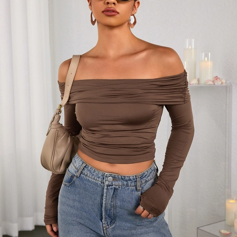 Women Sexy Off-the-shoulder Long Sleeve Ruched Crop Top Slim Fit Polyester Solid Color Streetwear Fall Fashion Top