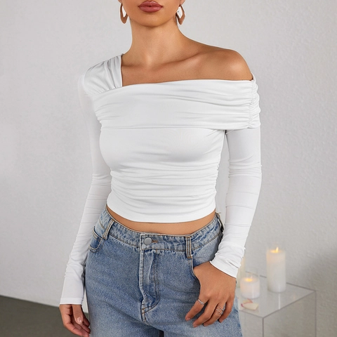 Women Sexy Off Shoulder Ruched Long Sleeve Crop Top Asymmetric Neck Slim Fit Patchwork Solid Color Fashion Streetwear Tee
