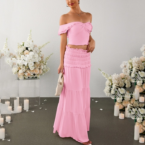 Women Sexy Off-Shoulder Two-Piece Skirt Set Backless Milk Silk Crop Top And Tiered Cake Maxi Skirt Party Vacation Outfit
