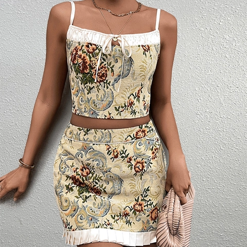 Women Vintage Floral Jacquard Camisole Top And Mini Pleated Skirt Outfit Retro Streetwear Sleeveless Elegant Summer Clothing