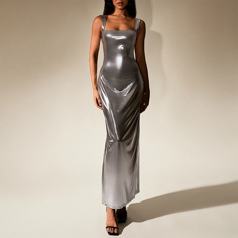 Abito Maxi da Donna Sexy in Argento Metallizzato Schiena Scoperta Vestibilità Slim Spacco Scollo Quadrato Senza Maniche Lungo per Festa Sera
