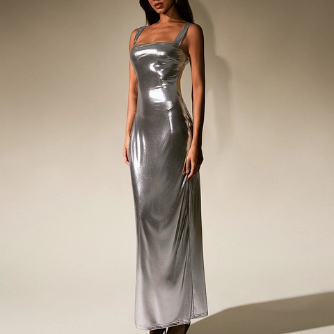 Abito Maxi da Donna Sexy in Argento Metallizzato Schiena Scoperta Vestibilità Slim Spacco Scollo Quadrato Senza Maniche Lungo per Festa Sera