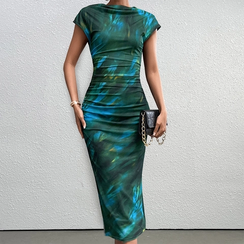 Damen Sexy Abstrakt Batik Maxi Kleid Seitliche Raffung Hoher Schlitz Wasserfallkragen Ärmellos Bodycon Party Clubwear Langes Kleid