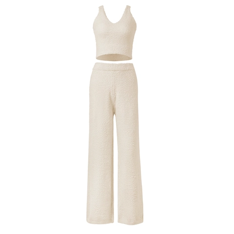 Completo Loungewear da Donna Sexy in Maglia di Peluche Con Top Crop Camisole e Pantaloni a Vita Alta a Gamba Larga
