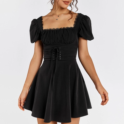 Women's French Vintage Puff Sleeve Mini Dress Square Neck Lace Trim Backless Corset Lace Up Waist A-Line Pleated Dress