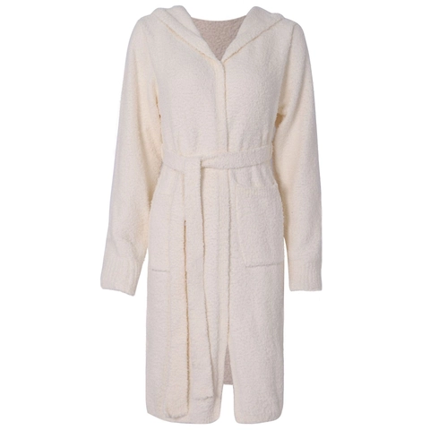 Women Hooded Plush Bathrobe Long Sleeve Fleece Loungewear With Belt Pockets Warm Soft Winter Sleepwear Solid Color Robe