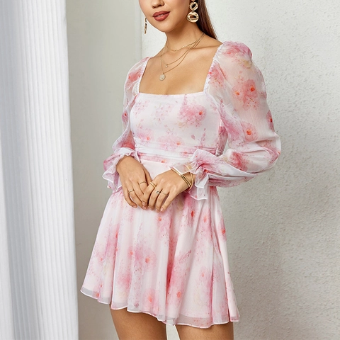 Square Neck Floral Mini Dress For Women Sexy Backless Long Puff Sleeve A Line Slim Fit Pink Printed Autumn Chiffon Dress