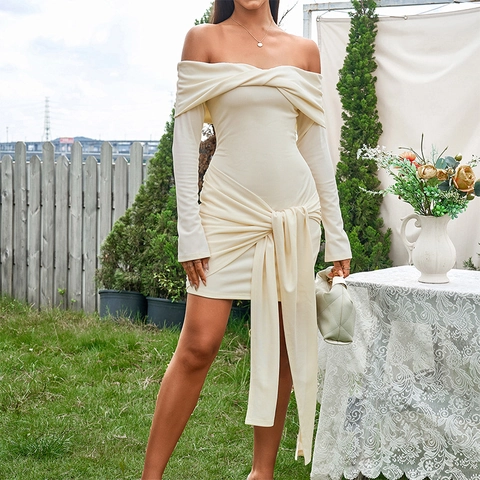 Women Sexy Off Shoulder Long Sleeve Ruched Mini Dress Elegant Apricot Draped Bodycon Party Night Club Pencil Dress