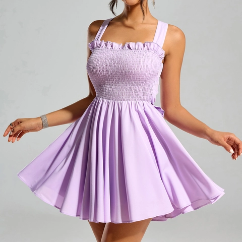 Women Sexy Lilac Smocked Backless Cami Mini Dress Ruffle Big Bow A-Line Party Summer Dress