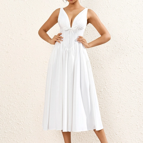 Women's Sexy White V Neck Sleeveless Backless Maxi Dress Corset Fishbone Bodice High Waist Bow Pleated A-Line Evening Party Dress