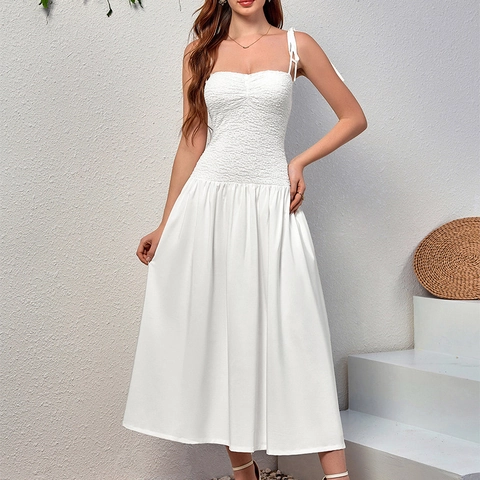 Women White Smocked Maxi Dress Tie Strap Backless A-Line Long Dress For Vacation Party Summer Sleeveless Dress