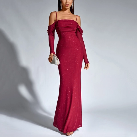 Dames Sexy Glitter Mesh Maxi Jurk Open Rug Lange Mouw Bodycon Meerminstaart Geplooid Avondjurk Voor Bruiloft Feest Banket