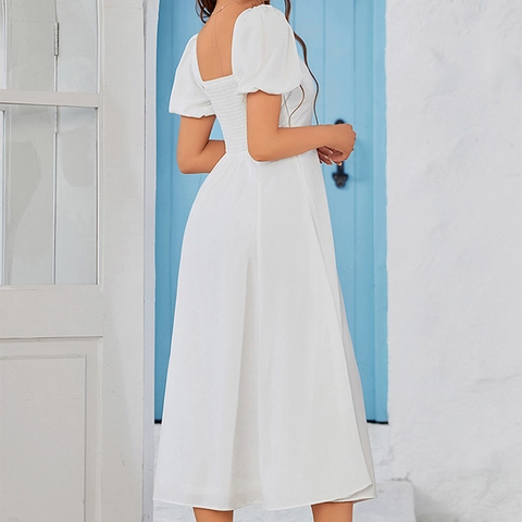 Women Sexy Backless Square Neck Puff Sleeve Midi Dress Solid Color Smocked A-Line Summer Vacation Party Dress