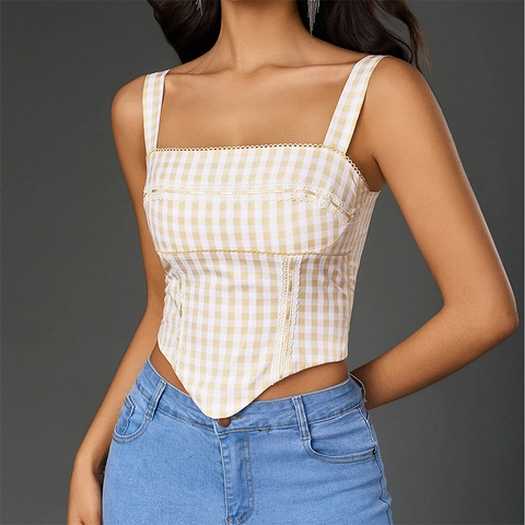 Vintage Gingham Corset Camisole Top Women Lace Trim Square Neck Sleeveless Plaid Crop Top Backless Adjustable Straps