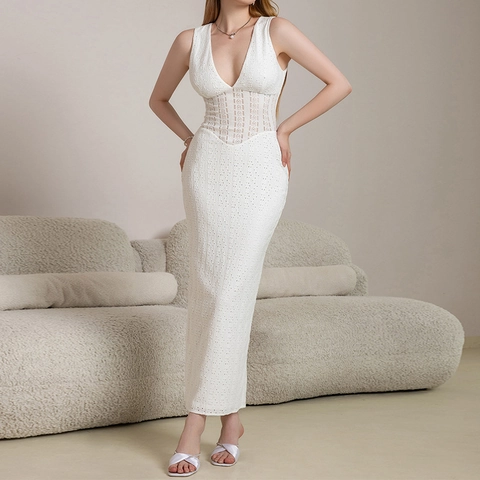 Donna Sexy Scollo a V Profondo Senza Maniche Pizzo Maxi Vestito Bianco Ricamo a Occhielli Patchwork Traforato Aderente Estate Festa Vestito Lungo