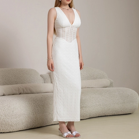 Donna Sexy Scollo a V Profondo Senza Maniche Pizzo Maxi Vestito Bianco Ricamo a Occhielli Patchwork Traforato Aderente Estate Festa Vestito Lungo