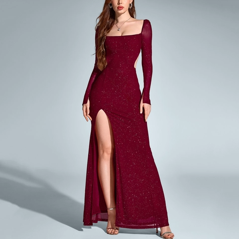 Vestido Maxi Sexy para Mujer Cuello Cuadrado Espalda Descubierta Manga Larga Lentejuelas Brillantes Abertura Alta Vestido de Noche