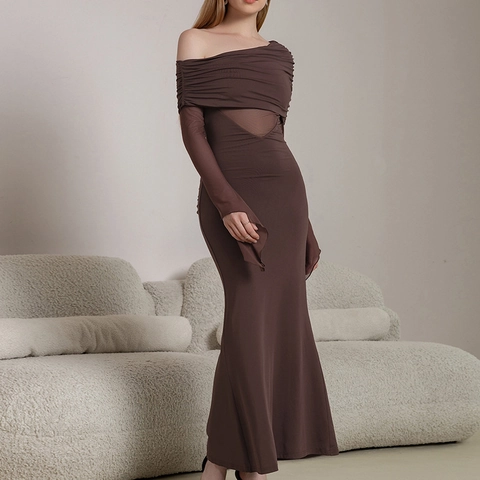 Women Sexy Off Shoulder Ruched Mesh Patchwork Bodycon Maxi Dress Backless Long Sleeve Flare Cuff Party Evening Dress