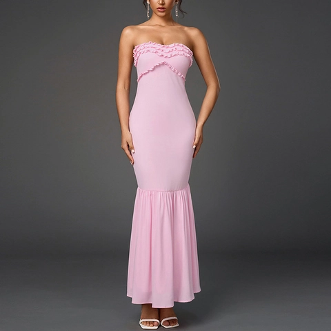 Damen Sexy Rosa Trägerlos Meerjungfrau Maxikleid Elegant Rüschenbesatz Rückenfrei Gesmokt Party Abend Hochzeit Gast Formelles Kleid