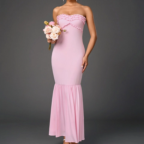 Damen Sexy Rosa Trägerlos Meerjungfrau Maxikleid Elegant Rüschenbesatz Rückenfrei Gesmokt Party Abend Hochzeit Gast Formelles Kleid