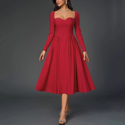 Women Sexy Sweetheart Neck Backless Long Sleeve Midi Dress A-Line Pleated Solid Color Bustier Elegance Party Dress