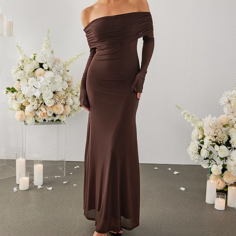 Elegantes Schulterfreies Langarm Maxikleid Sexy Rückenfreies Mesh Bodycon Abendgesellschaft Kleid Für Damen