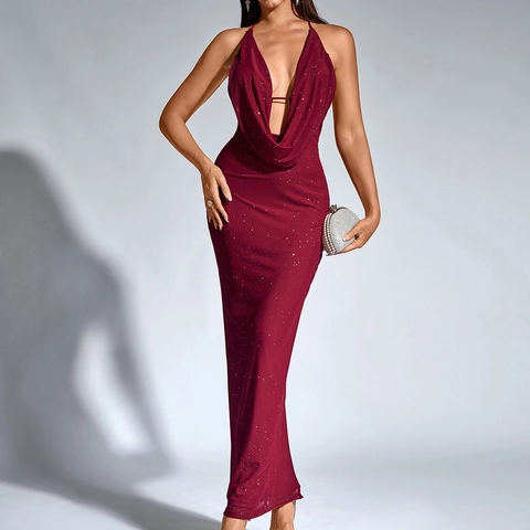 Women Sexy Halter Cowl Neck Sequin Maxi Dress Backless Lace Up Slit Mesh Evening Party Long Dress