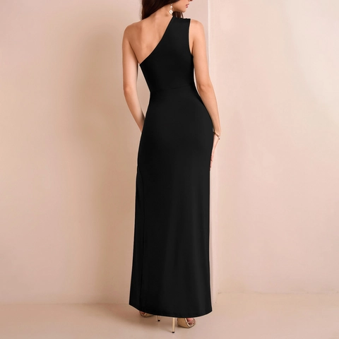 Damen Ein Schulter Geraffte Maxi Kleid Hoher Schlitz Schlanke Passform Sexy Elegant Abendgesellschaft Bankett Langes Kleid