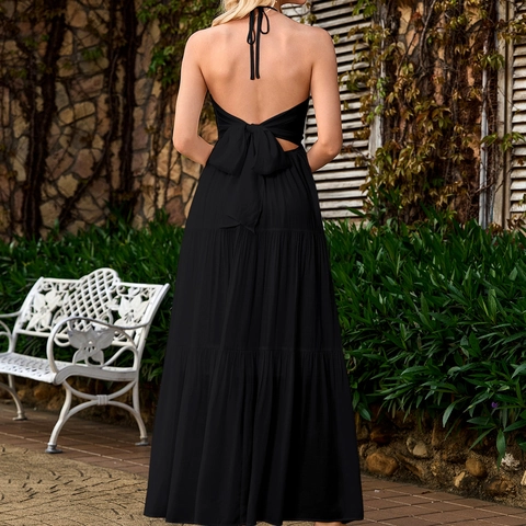 Vestido Largo de Verano Sexy para Mujer con Cuello en V Profundo Halter Espalda Descubierta Maxi Vestido de Capas Color Sólido Sin Mangas Vacaciones