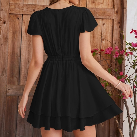 Women Deep V Neck Flutter Sleeve Ruffle Mini Dress Sexy High Waist Solid Color A Line Summer Party Vacation Dress